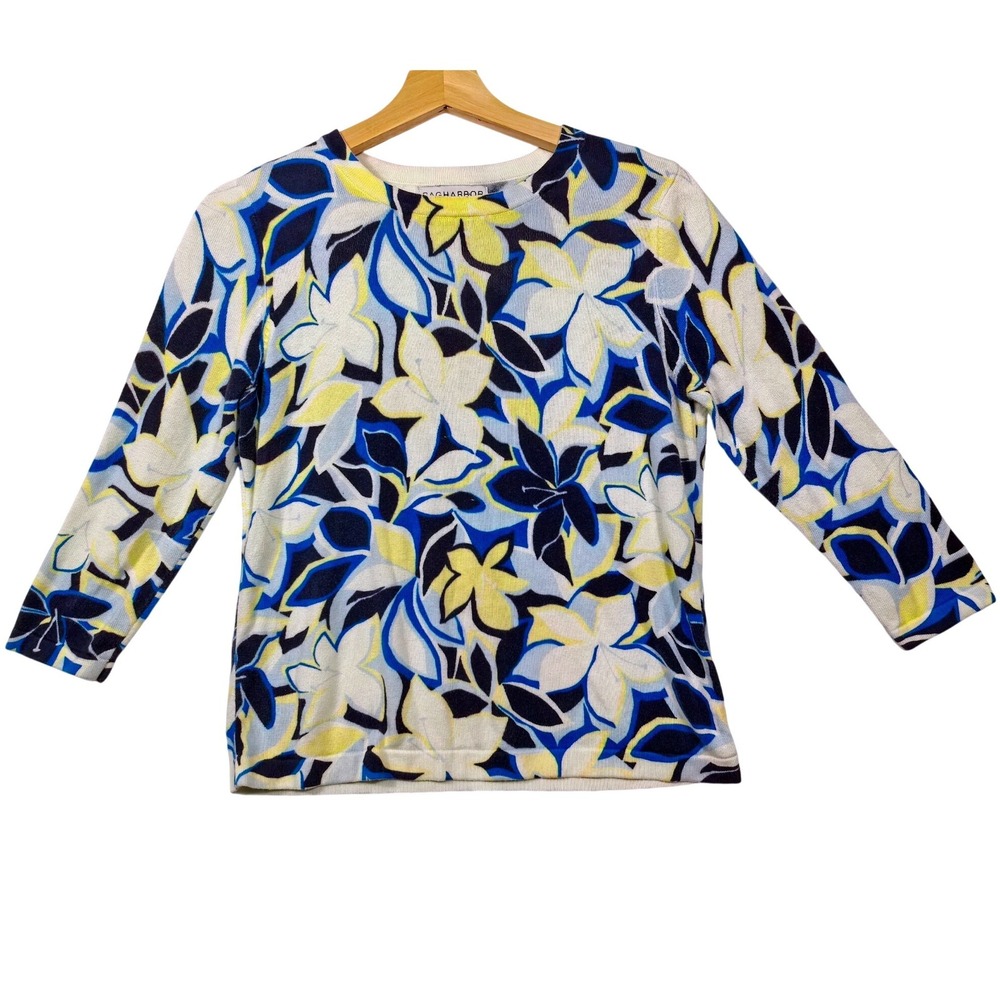 Sag Harbor Petite Floral Print Knit Sweater Top M 3/4 Sleeve Boho Chic Casual‎